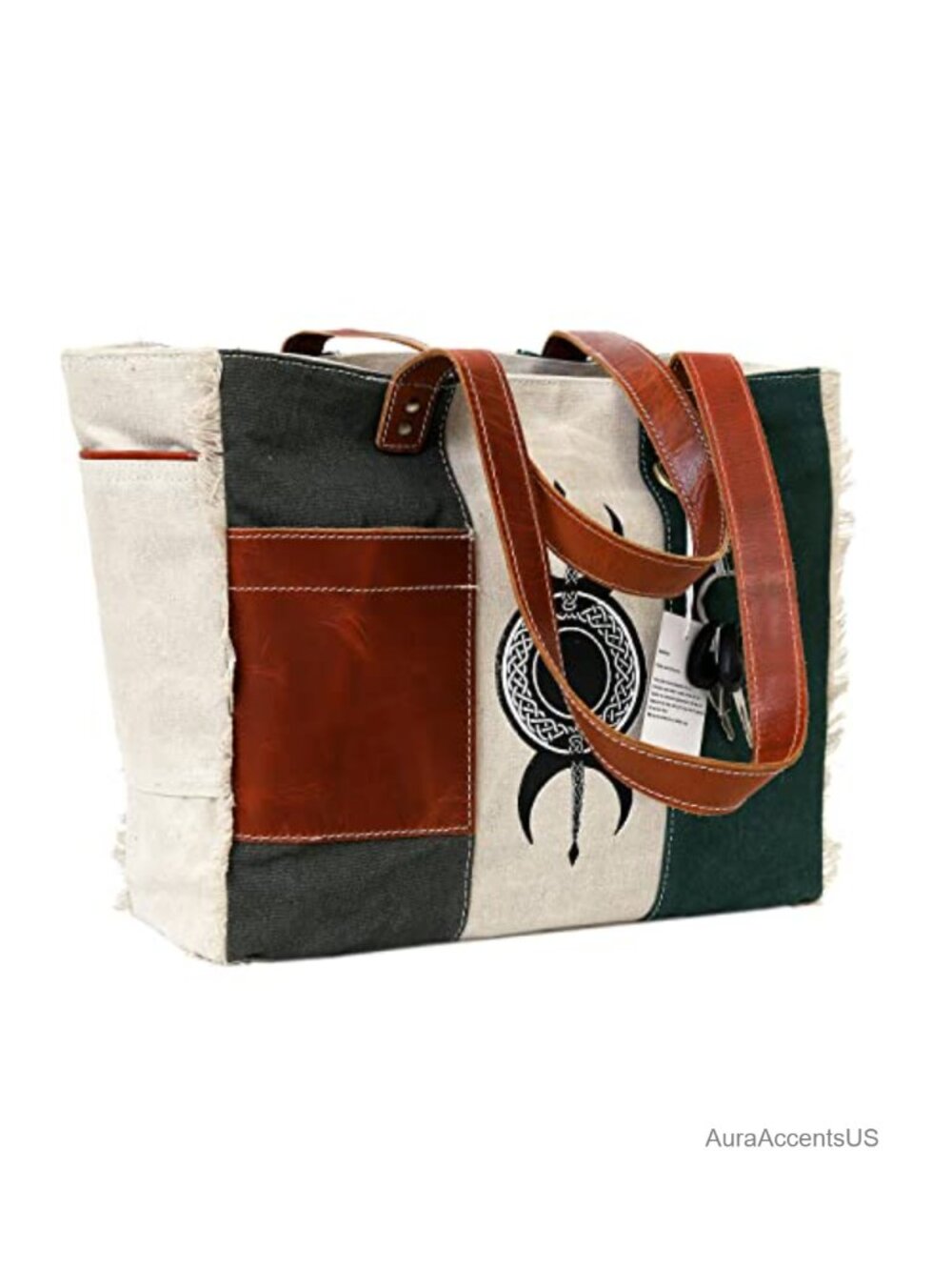 Upcycled Canvas Tote Bag with Cowhide Leather Handmade Shoulder Bag